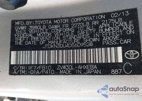 2013 Toyota Prius Two z USA, uszkodzony, nr VIN JTDKN3DU4D5609528